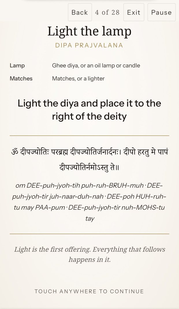 Step 4 of the Lakshmi Puja in the app: Light the lamp