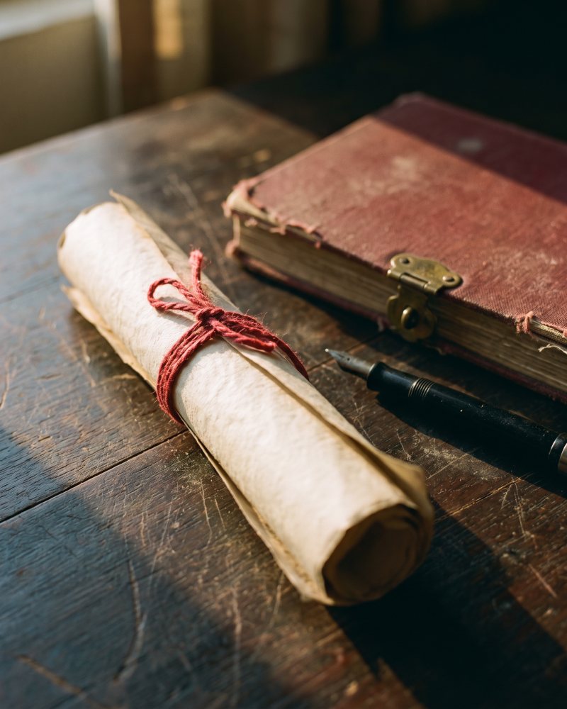 An old family horoscope scroll tied with red thread, beside a closed notebook and a pen