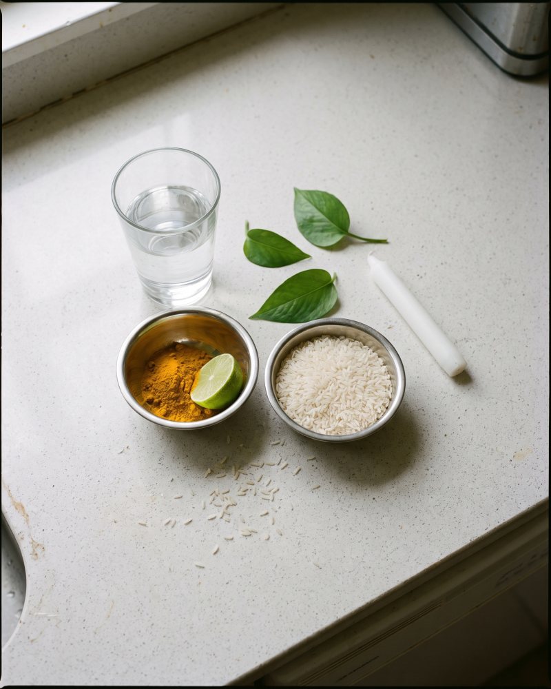 A glass of tap water, turmeric with a lime wedge, uncooked rice, a candle and fresh leaves on a kitchen counter