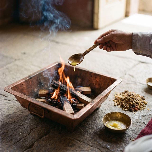 Ghee being offered by hand into a copper havan kund