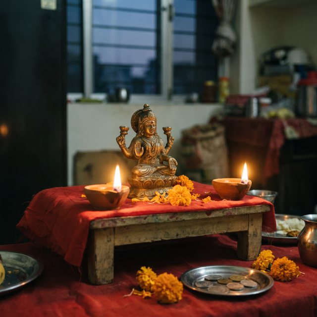 A brass Lakshmi murti on red cloth with two lit clay lamps and marigolds