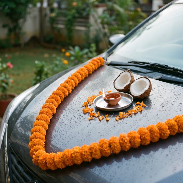 A marigold garland, a lit lamp and a split coconut on the bonnet of a car
